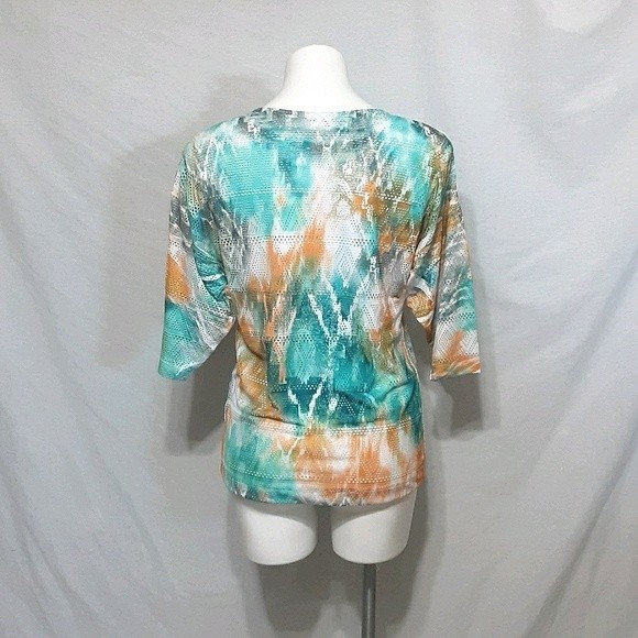 Reba Multicolor Tie Dye Print Top Small Teal Orange Gold Shimmery Boho Blouse - Picture 3 of 5